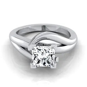 Asymmetrical Bypass Twist Solitaire Princess Cut Engagement Ring Setting in Platinum