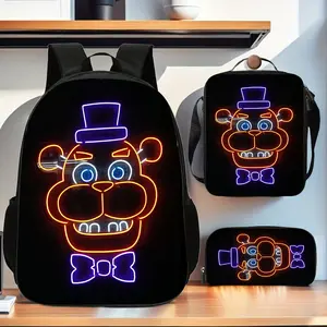 Five Nights at Freddy's Neon Freddy Fazbear 3PCS Backpack Set, FNAF Bear Print School Backpack with Lunch Box & Pencil Case, Lightweight Durable Daypack for Kids Teens, Ideal Horror Game Fans School Supplies Gift