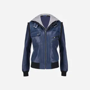 Women’s Blue Bomber Jacket featuring Grey Hood