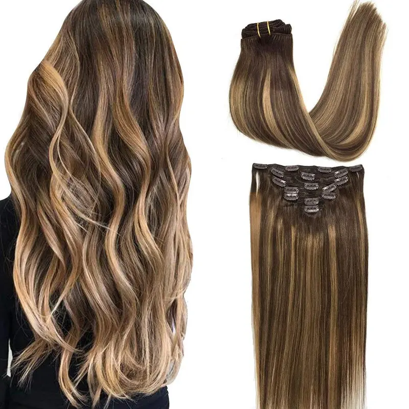 GOOGOO Hair Extensions Clip in Human Hair Natural Straight Easy To Style Soft