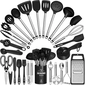 Kitchen Utensils Set - 34 Pcs Silicone Cooking Utensils for Nonstick Cookware with Stainless Steel Handles Heat Resistant Black Gadgets Tools Pots and Pans Accessories