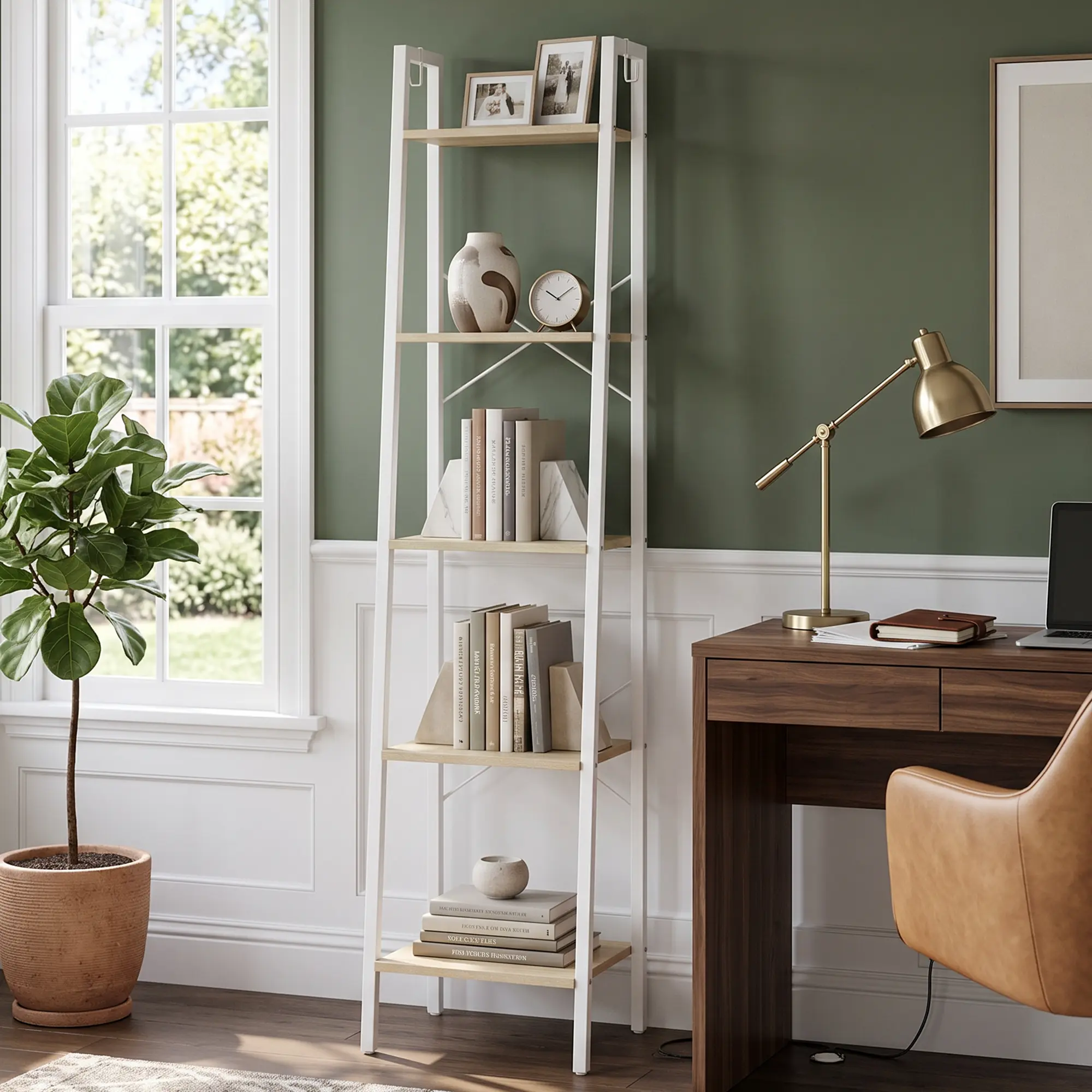 Industrial 5-Tier Narrow Wood Ladder Shelf - Freestanding Corner Storage Rack with 2 Hooks for Home Office, Living Room, Organiser, Racks, Narrow Tower