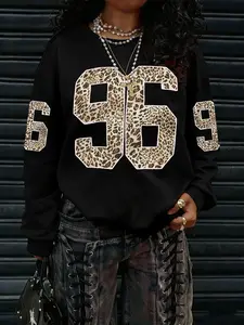 Trendy Y2K Loose Round Neck Pullover Sweatshirt, Bold '96 Leopard Design, Vintage Street Style, Fall & Winter Casual Wear