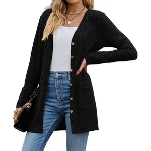 Womens Long Sleeve Cardigan Open Front Button Closure Fall Cardigans for Women with Pockets Casual Coat