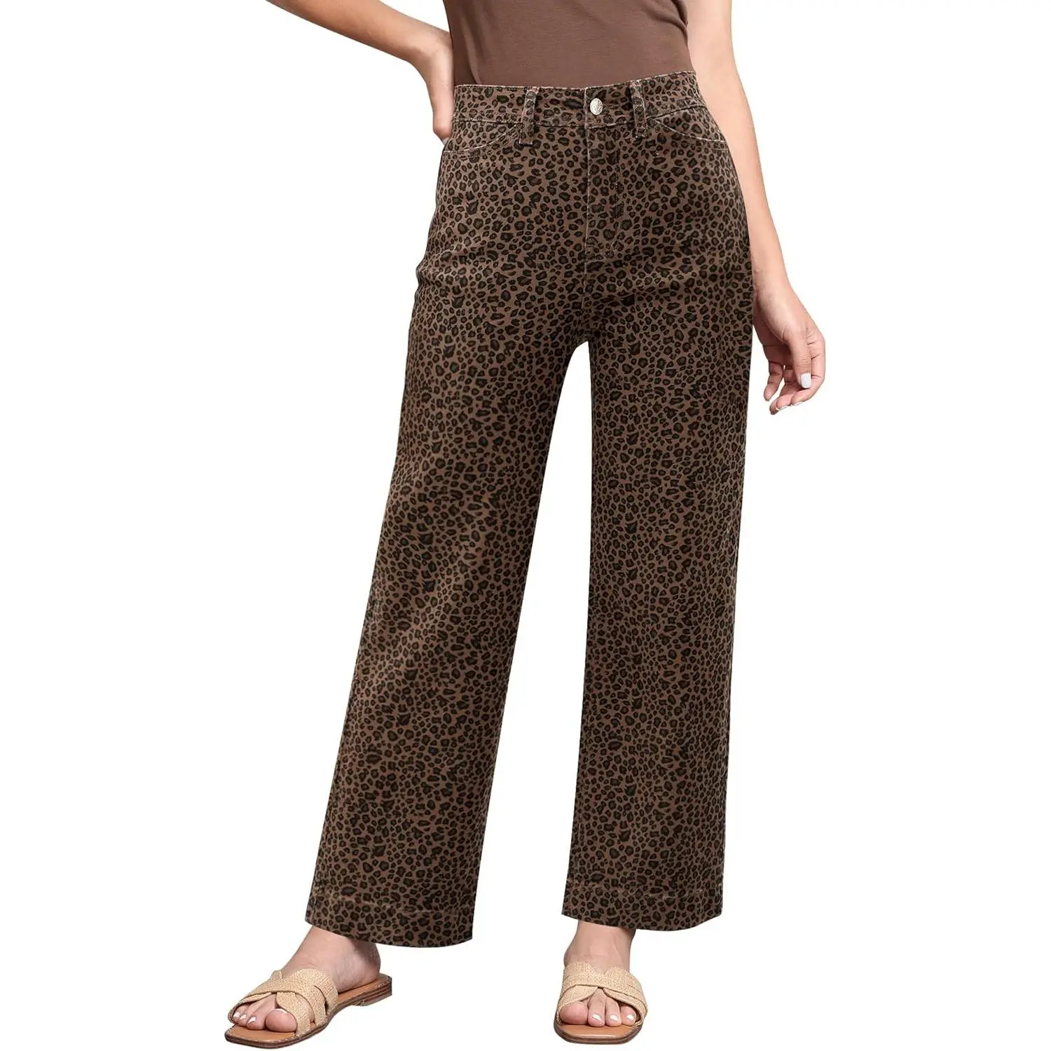 Women's High-Waisted Fashion Cheetah Leopard Print Wide-Leg Trouser - Stretchy Loose-Fit Ankle-Length Pants for Indoor Recreation