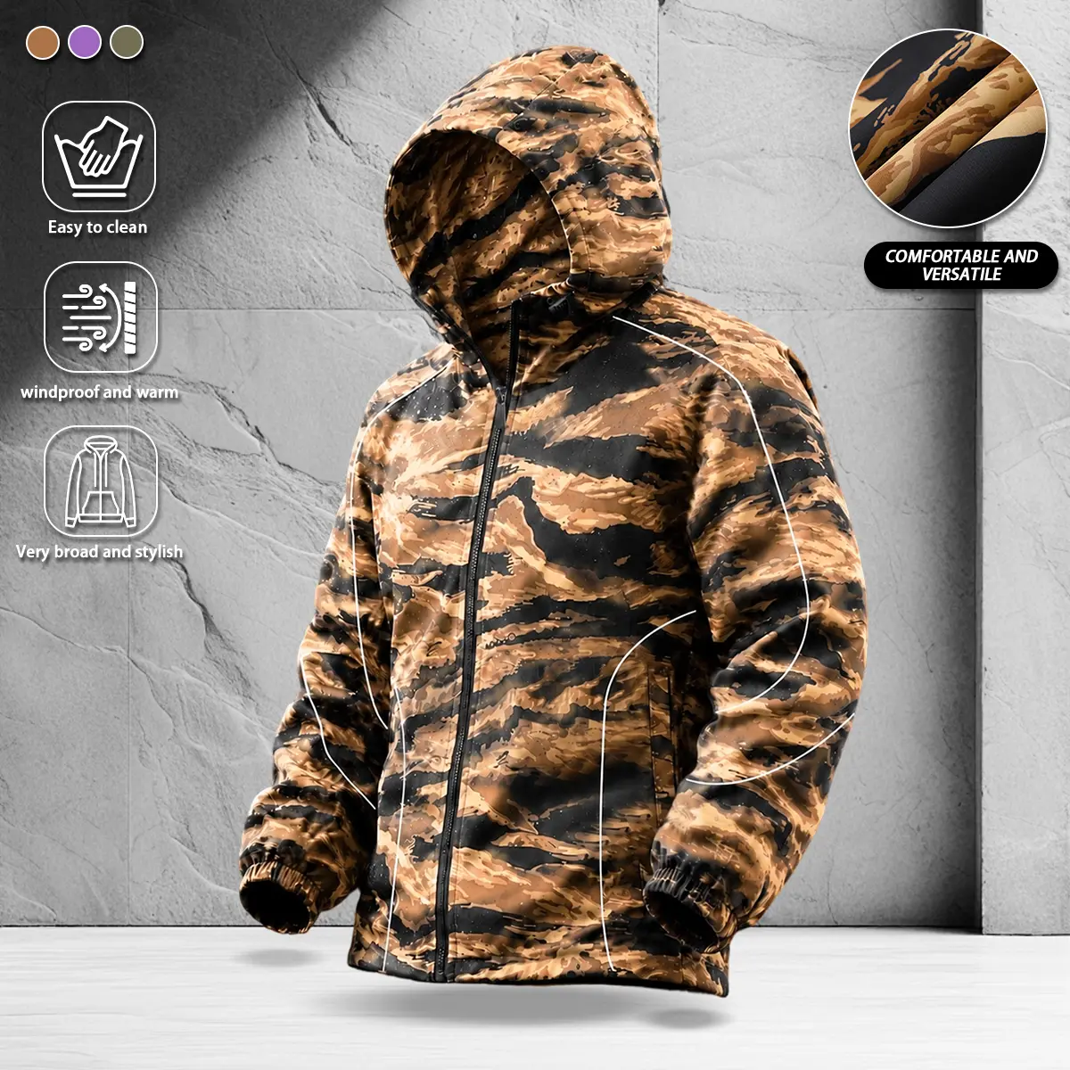 Men’s Tiger Camouflage Hooded Hardshell Jacket | Outdoor Windproof Loose-Fit Trendy Men’s Outerwear, Street-Style Camouflage Hooded Jacket