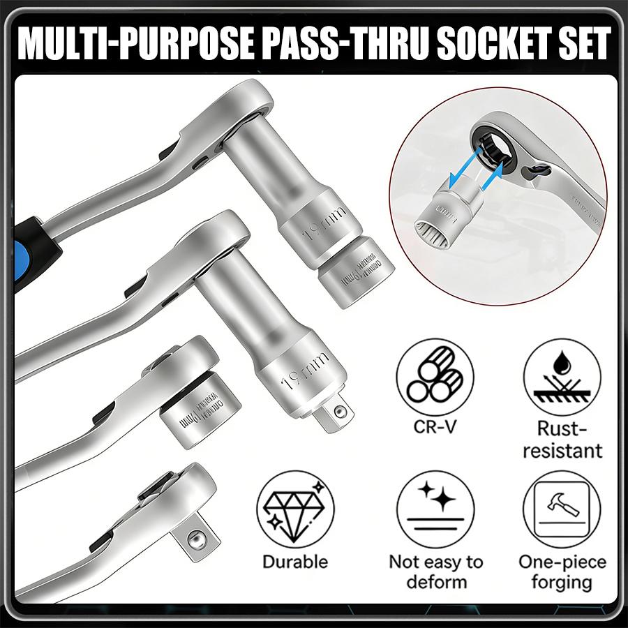 17-Piece Pass-Through Socket Set, 10-24mm Metric, with 3/8" & 1/2" Square Drive Adapters, Low Profile Hollow Ratchet for Long Studs, CR-V Steel Automotive & Mechanical Repair Kit with Case