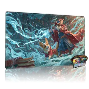 TCG, MTG, CCG RPG trading card game MATS, cat wizard casting spell, corgi familiar, mystical library scene, anti-slip backing, washable, great for gaming or desk decor, Gaming Mouse Pad