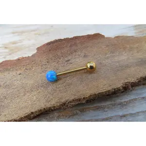 Gold IP Blue Fire Opal 100% Surgical Steel Stone Barbell Tongue Ring 14G (1.6mm) Piercing Custom Lengths