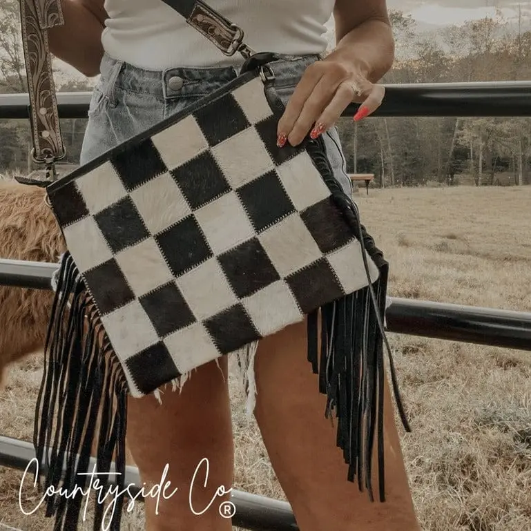 Stylish Fringe Detail Rodeo Square Cowhide Crossbody Bag, Women's Shoulder Bag, Crossbody Bag Type