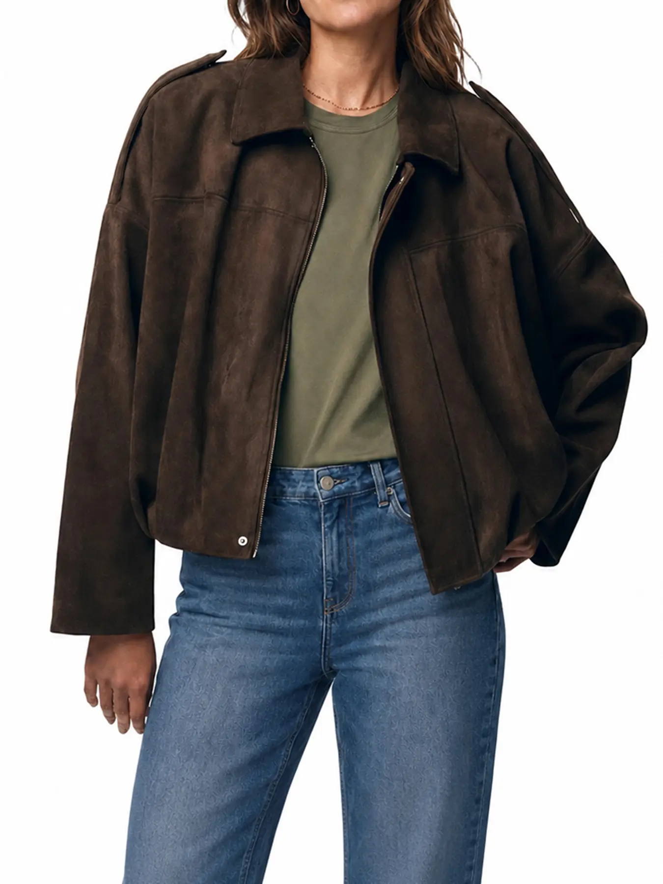 QKU Women's Viral Vintage Lightweight Suede Cropped Bomber Jacket - Oversized, Drop Shoulder, Epaulet, Zip-Up, Loose Streetwear Outerwear