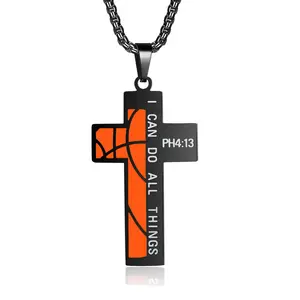 Stainless Steel Sports Cross Necklace – Basketball Football Letter Enamel Pendant for Men, Personalized Athletic Jewelry Gift