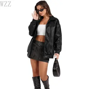 Leather Jacket Women Faux Oversized Motorcycle Bomber Coats Fall Outfits Winter Clothes Can be used with raincoat