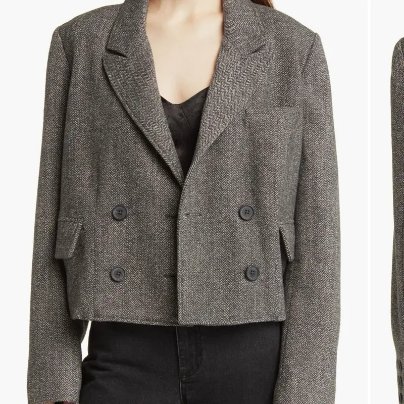 Free People Heritage Double Breasted Crop Blazer - Stylish Grey Herringbone Design with Button Closure and Side Pockets