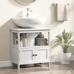 Pedestal Sink Storage Cabinet White 2 Doors Open Shelf Space Saving Bathroom Vanity P2 MDF Painted Finish 23.5" W x 11.75" D x 23.5" H