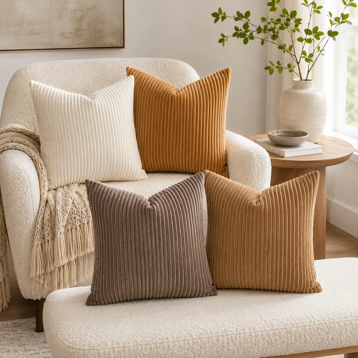 2-Pack Solid Plain Corduroy Pillow Covers (18x18 in), Soft Ribbed Textured Throw Cushion Cases with Hidden Zipper - 2-Piece Set for Living Room Couch, Living Room Decor, Home Décor