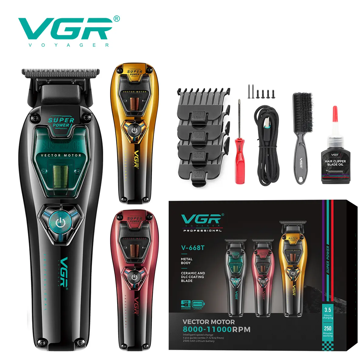 VGR 668T Hair Trimmer for Men, Beard Trimmer for Men, Barber Clippers Cordless, 11000 RPM Vector Motor Hair Clippers, Ceramic DLC T-Blade, 2500mAh USB-C Grooming Kit