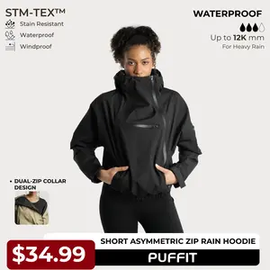 PUFFIT STM-TEX Short Rain Hoodie With Asymmetric Zip and Adjustable Hem,Chest Pocket Design,Spring Hooded Jacket,Waterproof Jacket,Women Jacket,Spring Jacket,Windbreaker,Dog Walking,School Running,Football Mum,Stylish