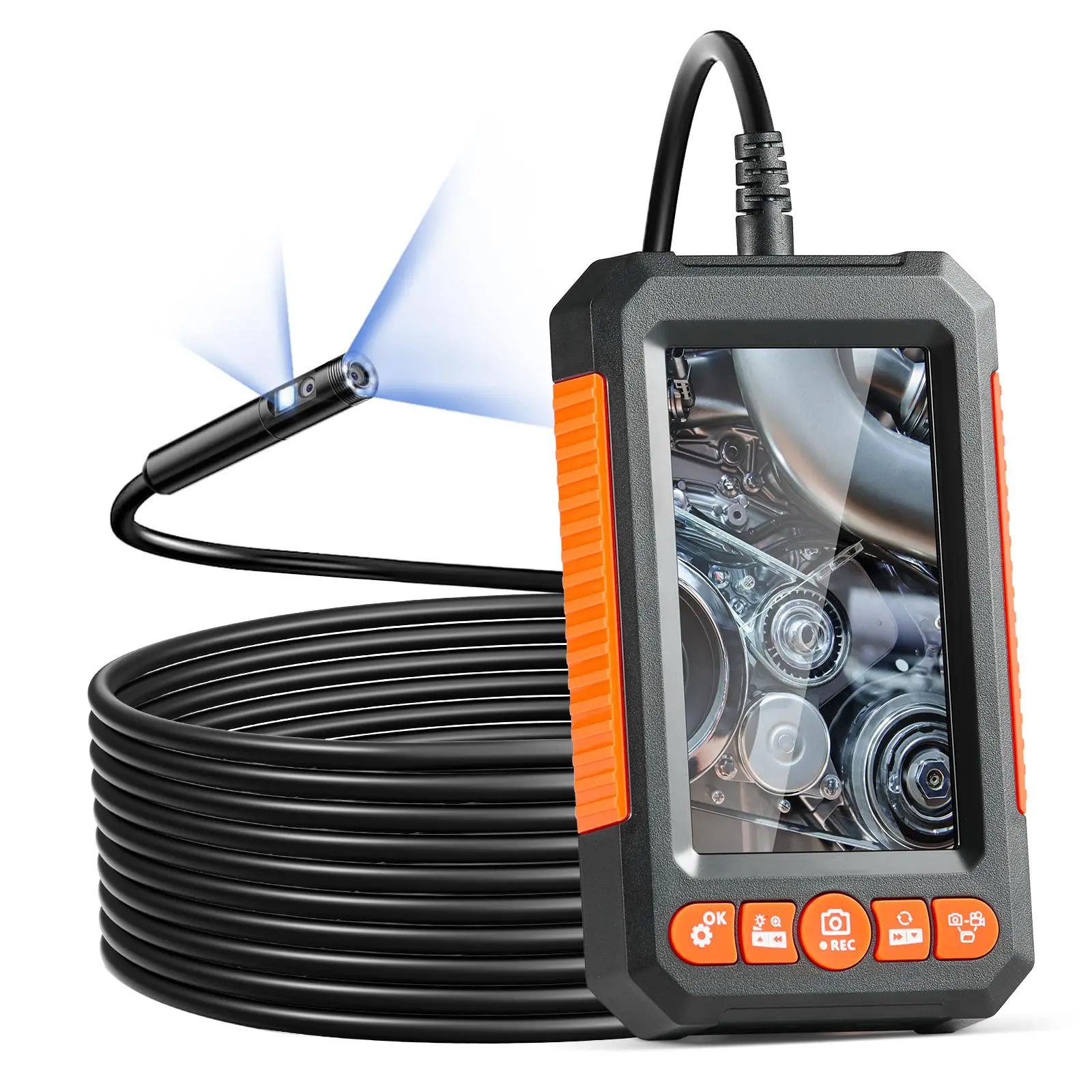 【summerfinds】VEVOR Endoscope Camera with Light, Dual Lens Industrial Borescope, 4.3" Screen 1080P Inspection Camera, 8 + 1 Lights, 4X Zoom, IP67 Waterproof Snake Camera for Auto, Plumbing (16.4FT Cable, 32GB Card)