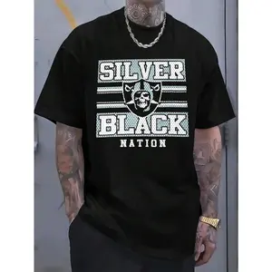Men's Large Silver Black Raiders T-Shirt 100 Cotton Casual Crew Neck Graphic Tee Stretchy Fabric for Men Fashion Streetwear