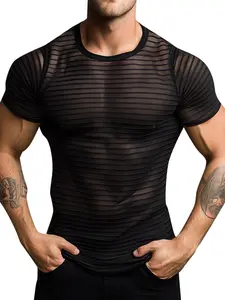 INCERUN Men's Fashion Streetwear Transparent Striped Short Sleeve Polyester Fabric T-Shirt, Stylish Casual Wear, Comfortable Summer Top, Trendy Graphic Tee