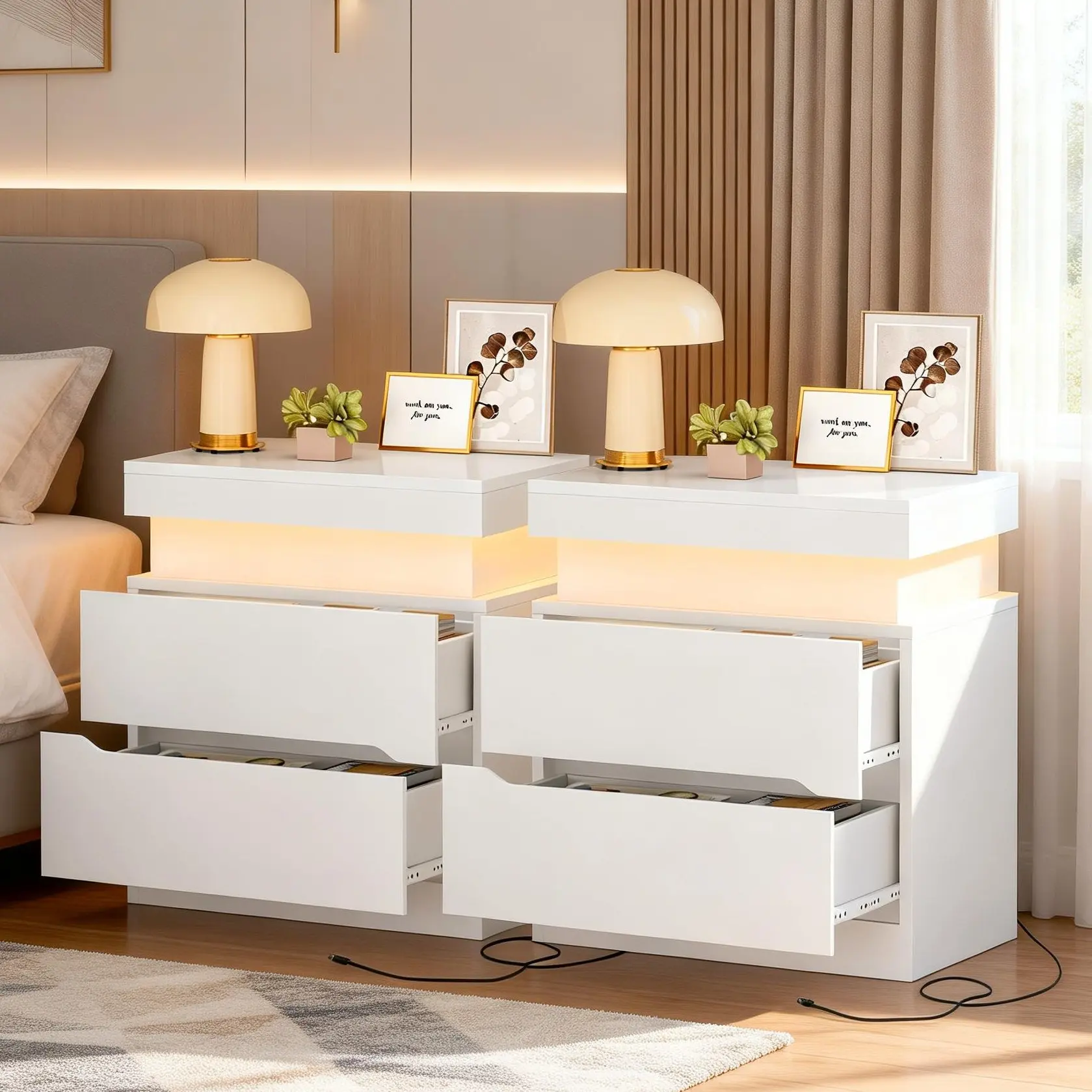Modern Night Stand Set of 2, Bedside Table with RGB LED Light Strip, Hidden Top Storage, 2 Wood Drawers, Handleless Design for Bedroom