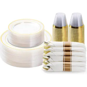GOODLUCK 175PCS Clear Gold Plastic Dinnerware Set Disposable Party Plates for 25 Guests Includes 50 Plates 25 Pre Rolled Napkins with Silverware 25 Cups Dessert Plate Christmas Disposable Gold Cutlery