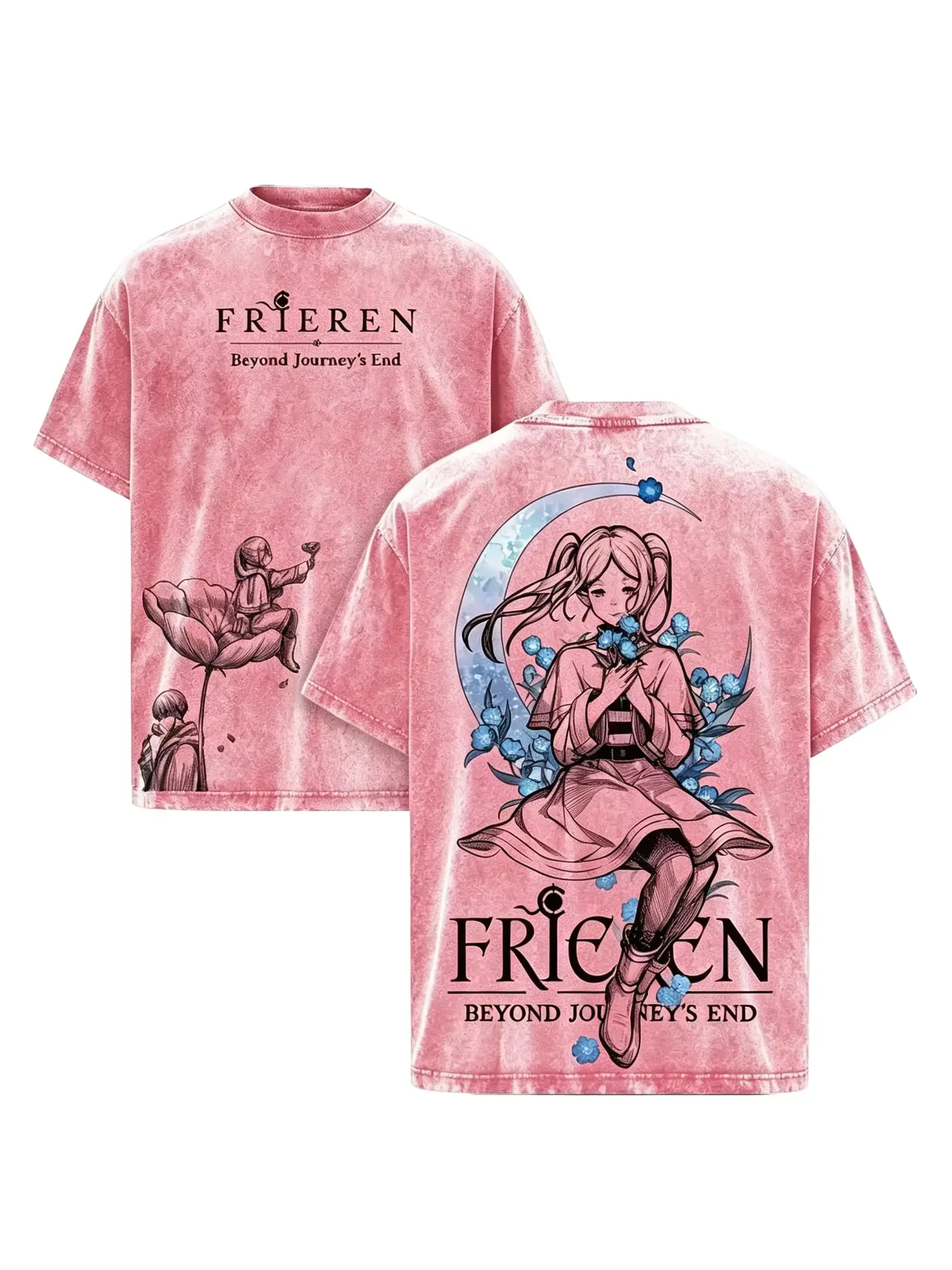 Men's Frieren Graphic T-Shirt - Unisex Retro Vintage Washed Oversized Heavy Cotton Crew Neck Short Sleeve Casual Fantasy Themes Streetwear Outfits, Matching Hoodie-Set Bundle