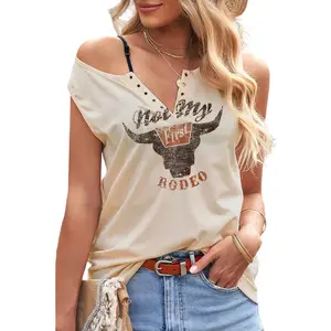 Flamingals Oxhead & Letter Print Grommet Eyelet Tank Top
