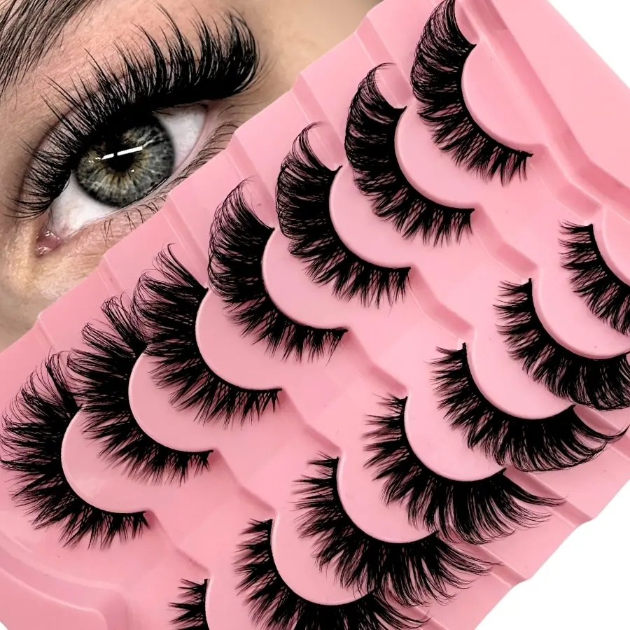 7 pairs of Perfect makeup eyelashes - Luxurious, lightweight and fluffy cat's eye style, natural and realistic synthetic false eyelashes, D-curled, fragrance-free, multiple pairs, perfect for creating dramatic eye effects.