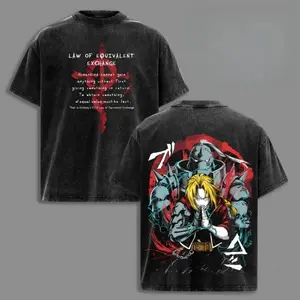 Edward & Alphonse Fullmetal Alchemist Vintage Washed Oversized T-Shirt, Double Printed Heavy Cotton Anime Tee, Manga Streetwear Graphic Top for Otaku Fans,Anime Enthusiasts, Anime Merchandise