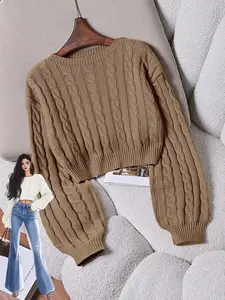 Women's Plain Round Neck Dolman Sleeve Casual Knit Sweater, Autumn/Winter, Long Sleeve Top Knit Pullover Fall