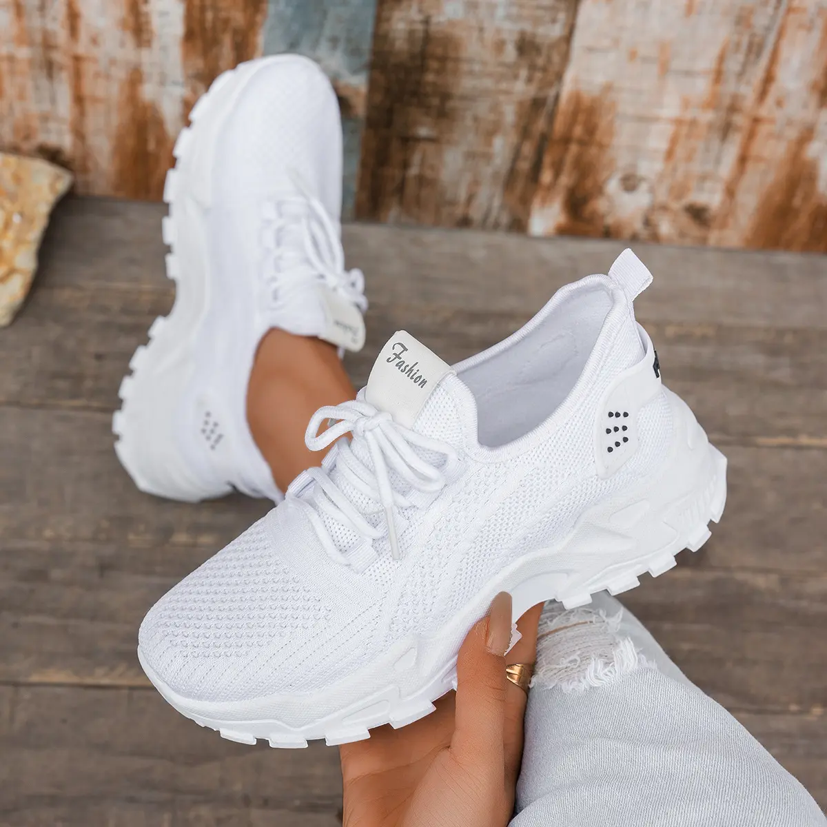 Women's Chunky Platform Sneakers, Breathable White Knit Fabric, Height-Increasing Non-Slip Sole with Chain Detail, White Knit Sneakers, Braid, Nylon, Women's Trendy Shoes, Fly Knit Mesh
