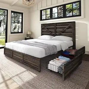 [Memorialday]VanAcc Farmhouse Bed Frame with 4 Storage Drawers, Wooden Storage Bed Frame with Slatted Headboard and Heavy Duty Metal Slats