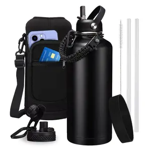 32/40/64/128 oz Insulated Water Bottle with Straw (Cold for 48 Hrs), Gallon Stainless Steel Triple Wall Vacuum Sports Water Jug, Leakproof Hydro Cup Flask with Paracord Handle & Straw Spout Lids