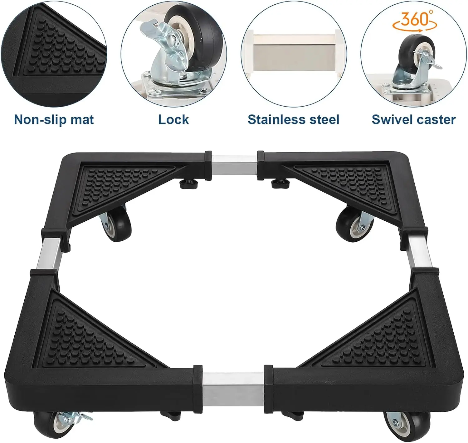 Durable Black Adjustable Trolley-Style Washing Machine Stand Base with 2 Locking Wheels, Multifunctional for Furniture, Portable Refrigerators, Dryers, Appliances Household