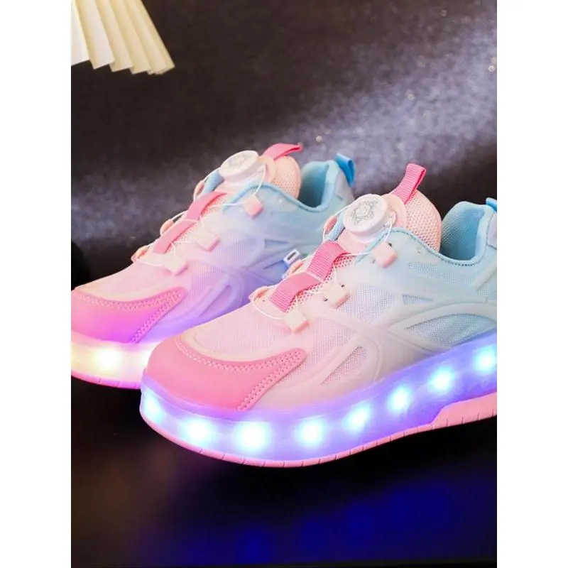 USB Rechargeable LED Light-Up Pink Sneakers, Fashionable Colorful Roller Skates for Boys and Girls, Cool Light-Up Casual Sports Shoes for Daily Life, Breathable Non-Slip Walking Shoes for Toddlers, Boys' Baby Shoes