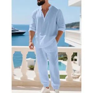 Men’s linen two-piece set featuring a comfortable casual fabric—Hawaiian-style long-sleeve shirt and pants for all-season wear