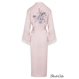 Luxurious Country Western Glam Dolly Satin Feather Accented Dressing Gown Robe