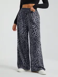Three-Color Leopard Print Wide Leg Pants, High Waist Drapey Loose Fit, Plus Size Casual Chic Versatile Floor-Length Trousers, Womenswear Bottoms