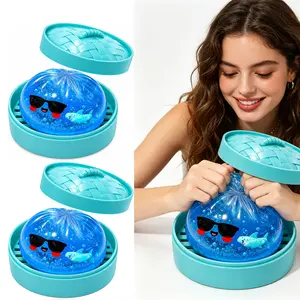 2 Pcs Transparent Blue Glitter Shark Bao Bun TPR Squishy Toy with Mini Steamer Case, Cool Sunglasses Cartoon Dumpling Stress Relief Squeeze Fidget Toy, Novelty Food Shaped Party Favors for Kids Birthday Goodie Bag Fillers & Classroom Carnival Prizes