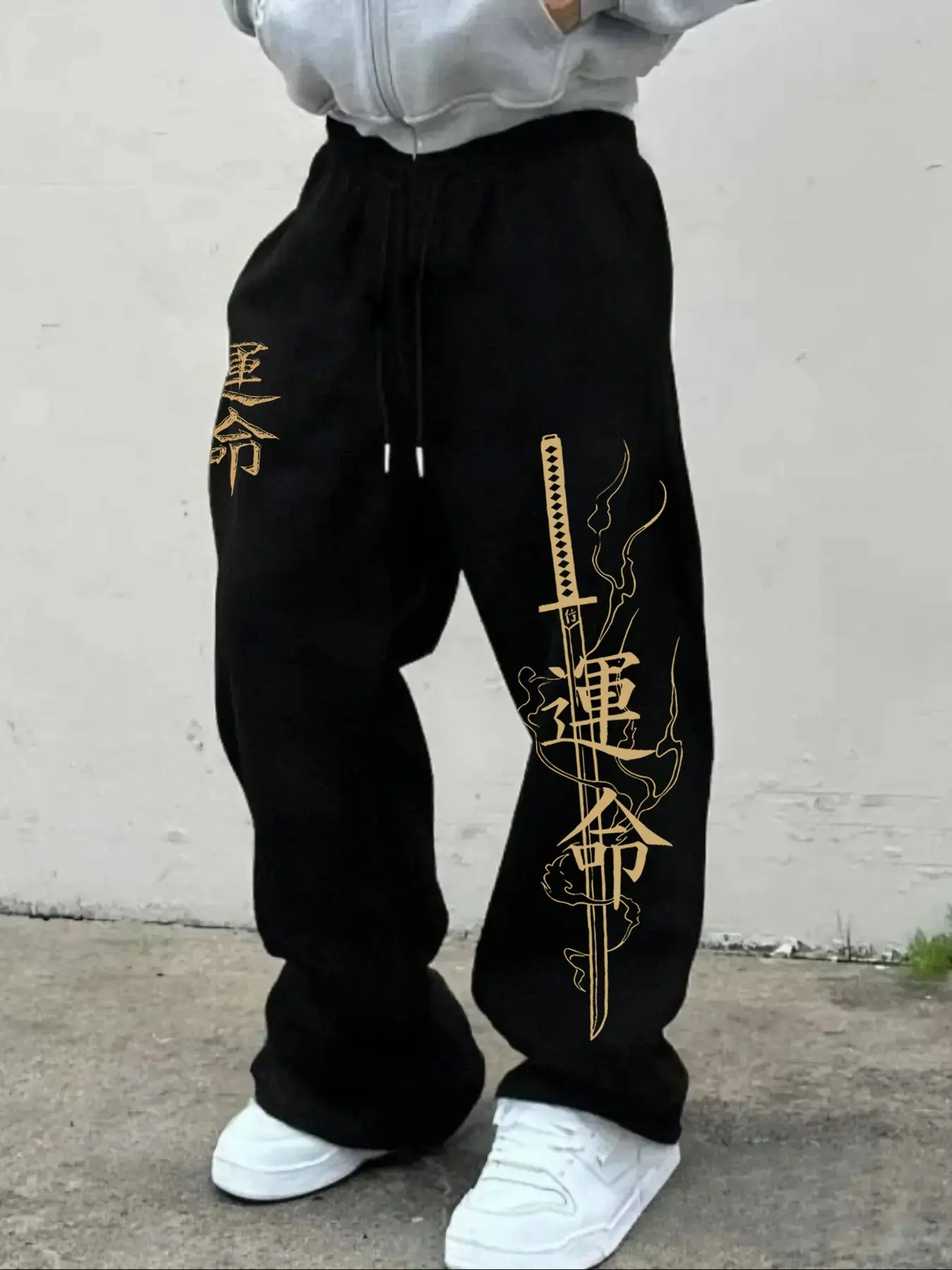 Men's Casual Sporty Long Pants, Samurai Sword Pattern Print, Drawstring Wide Leg, All Seasons Loose-Fitting Jogger Pants, Casual Loose Fitted, Casual Fashion Loose
