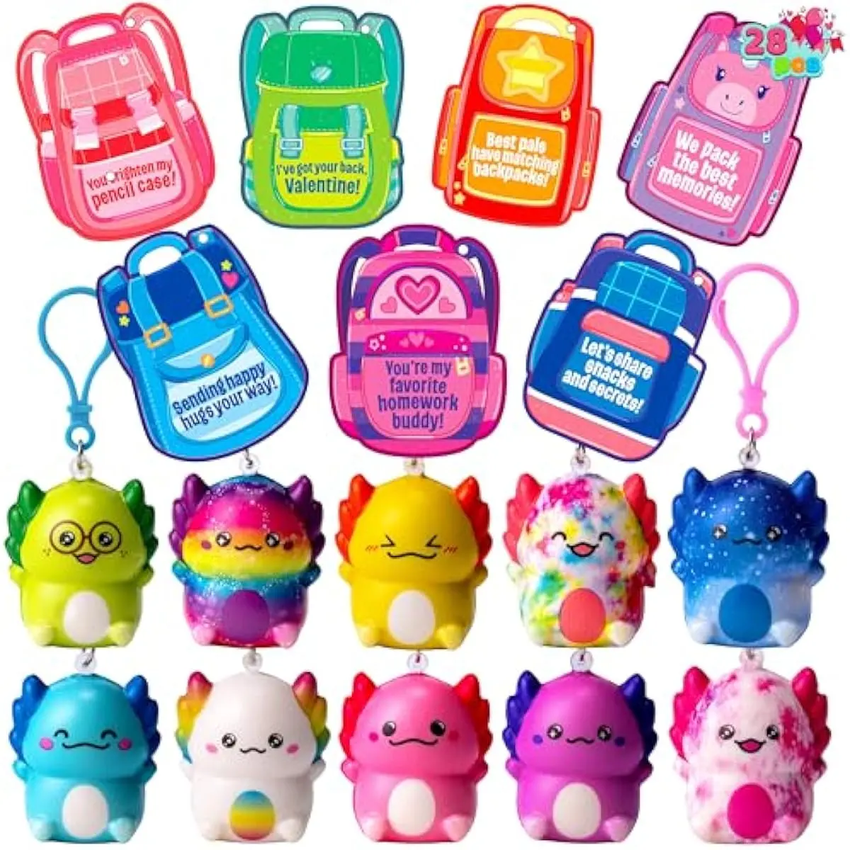 28 Pcs Valentines Day Axolotl Toys with Backpack Cards, Slow Rising PU Squishy Keychains, Valentine Stress Relief Toys for Kids Party Gift Exchange Classroom Prize Goodie Bag Stuffers