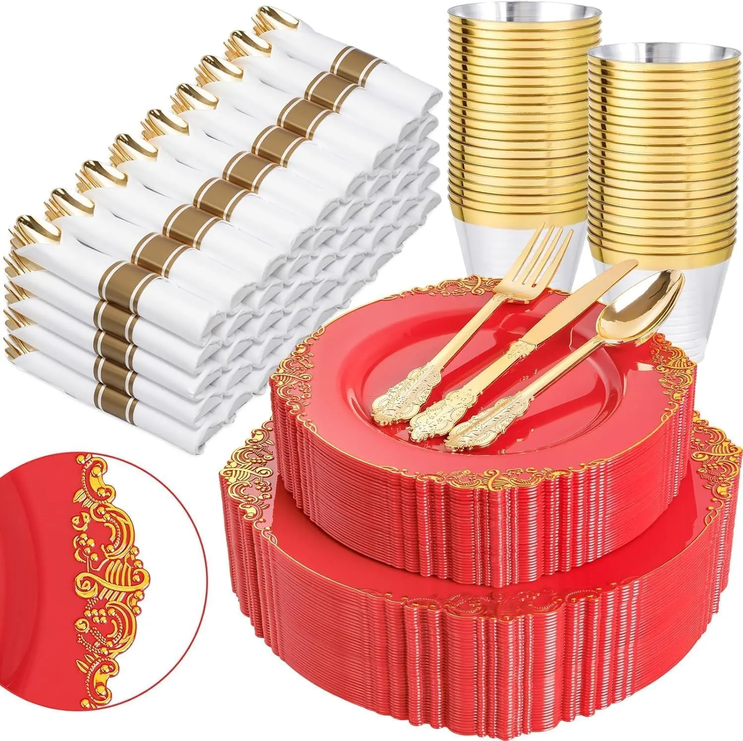 350PCS Red Plastic Plates - Red Gold Plastic Dinnerware Sets for 50 Guests - 100 Gold Disposable Plates, 50 Pre Rolled Silverware Sets, 50 Cups Perfect for Wedding & Party