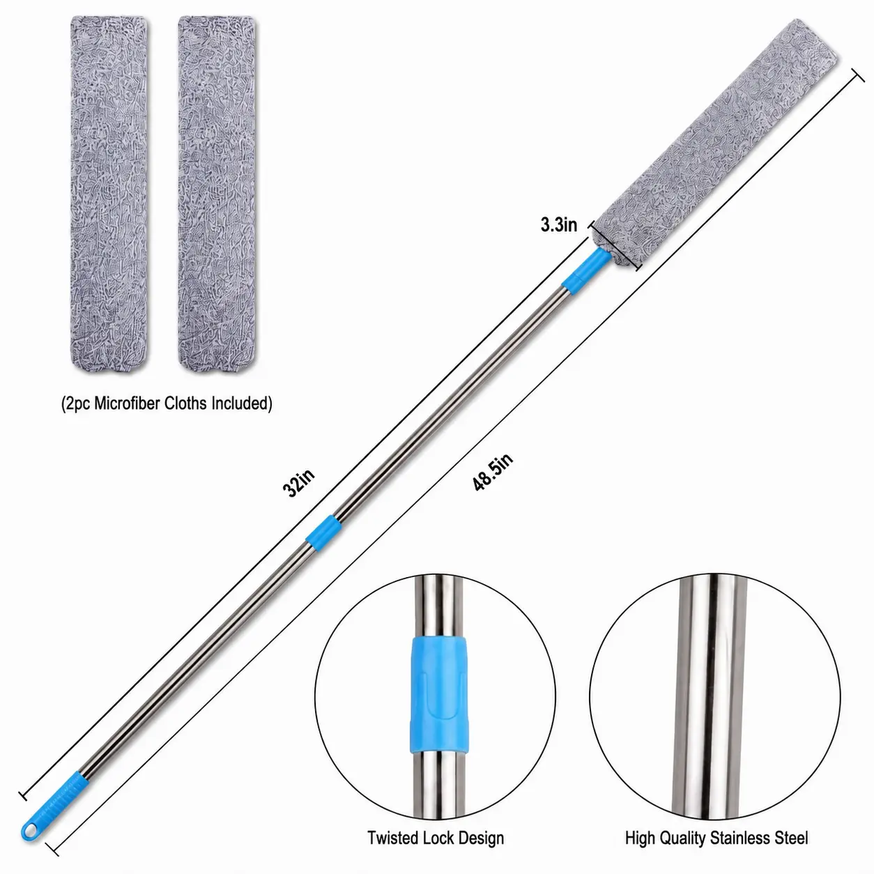 Retractable Gap Dust Cleaner with 2 Microfiber Cloths 48in Long Handle Light-Duty Washable Duster for Appliances Furniture Couch Fridge Cleaning Tools Twisted Lock Design,dorm essentials,home essentials