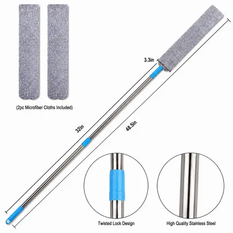 Household Retractable Gap Cleaning Tool, 48in Adjustable Stainless Steel Long Handle with Twist Lock Design, 2pcs Washable Microfiber Duster Cloths, Bendable Light-Duty Duster for Fridge & Appliances
