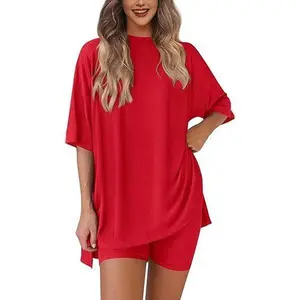 Women's summer two-piece set 2025 casual shirts biker shorts matching airport travel outfit split hem Lounge, Women 2 Piece Sets, Short Sets For Women