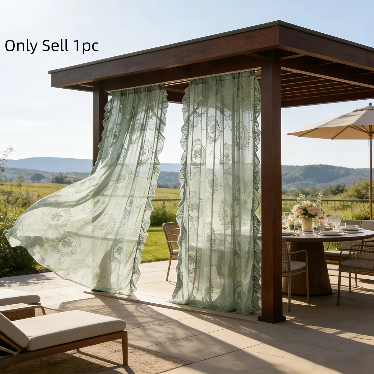 1pc Lace Outdoor Curtain for Gazebo Decoration, Transparent Sheer Curtain with Ruffled Edges, Rod Pocket, Easy Installation, Gazebo Curtains Outdoor