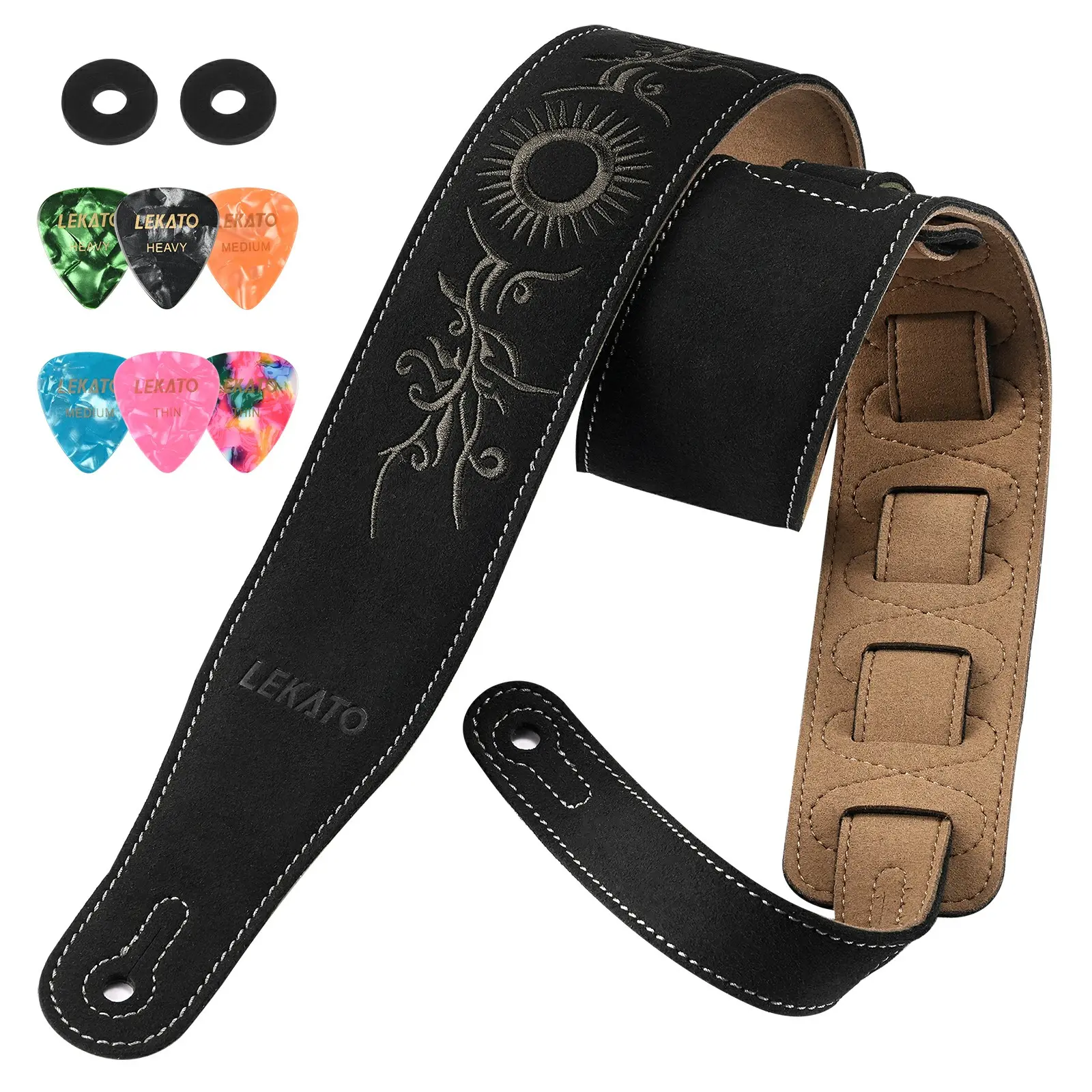 LEKATO LGS-10 Soft Suede Guitar Strap, Bass Guitar Straps for Electric Bass Acoustic Guitar, Adjustable Length from 35″ to 51″, 2.3″ Wide Suede Bass Guitar Strap, with Pick Holder