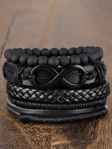 Vintage Braided Rope Leather Bracelet Set, 4 Counts/set Black Boho Beaded Band Bracelet & Link Summer Bracelet, Boho Adjustable Leather Jewelry for Summer Party, Daily, Punk Accessories for Men, Stackable Bracelets, Boho Style Bracelet